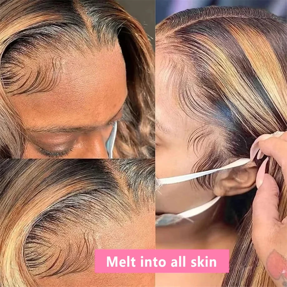 Perruque Lace Frontal Wig naturelle Body Wave à reflets, cheveux humains, 13x6 Hd