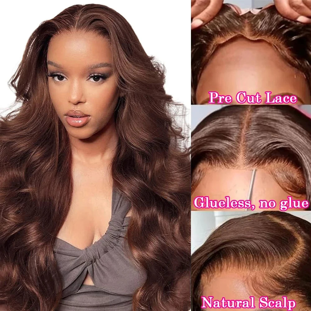 Perruques sans colle brun chocolat cheveux humains prêt à porter Transparent 13x4 HD