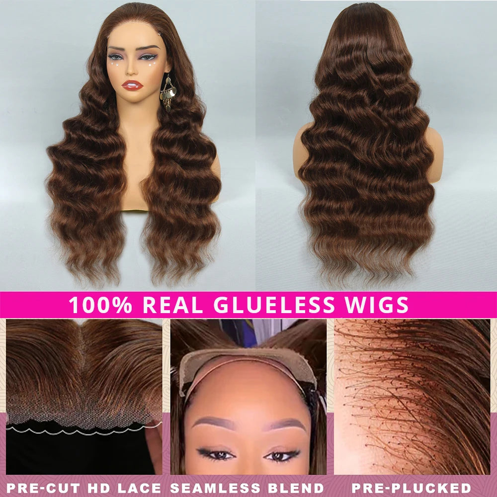 Perruques sans colle brun chocolat cheveux humains prêt à porter Transparent 13x4 HD