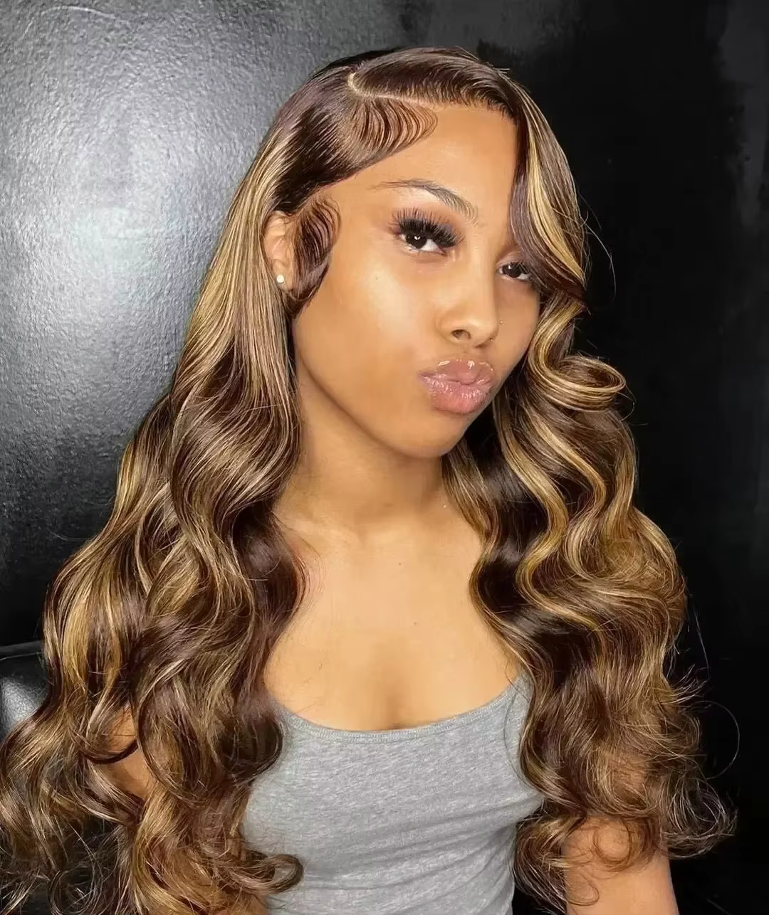 Perruque Lace Frontal Wig naturelle Body Wave à reflets, cheveux humains, 13x6 Hd
