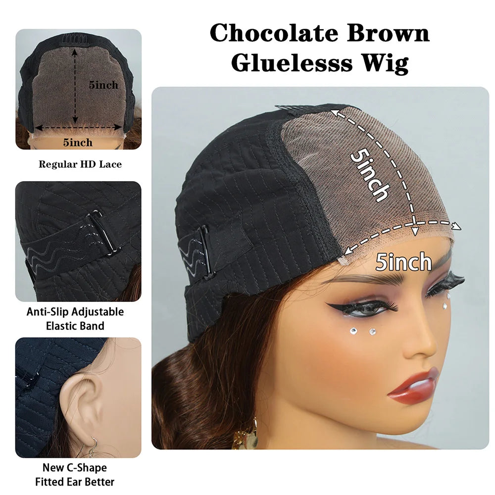 Perruques sans colle brun chocolat cheveux humains prêt à porter Transparent 13x4 HD