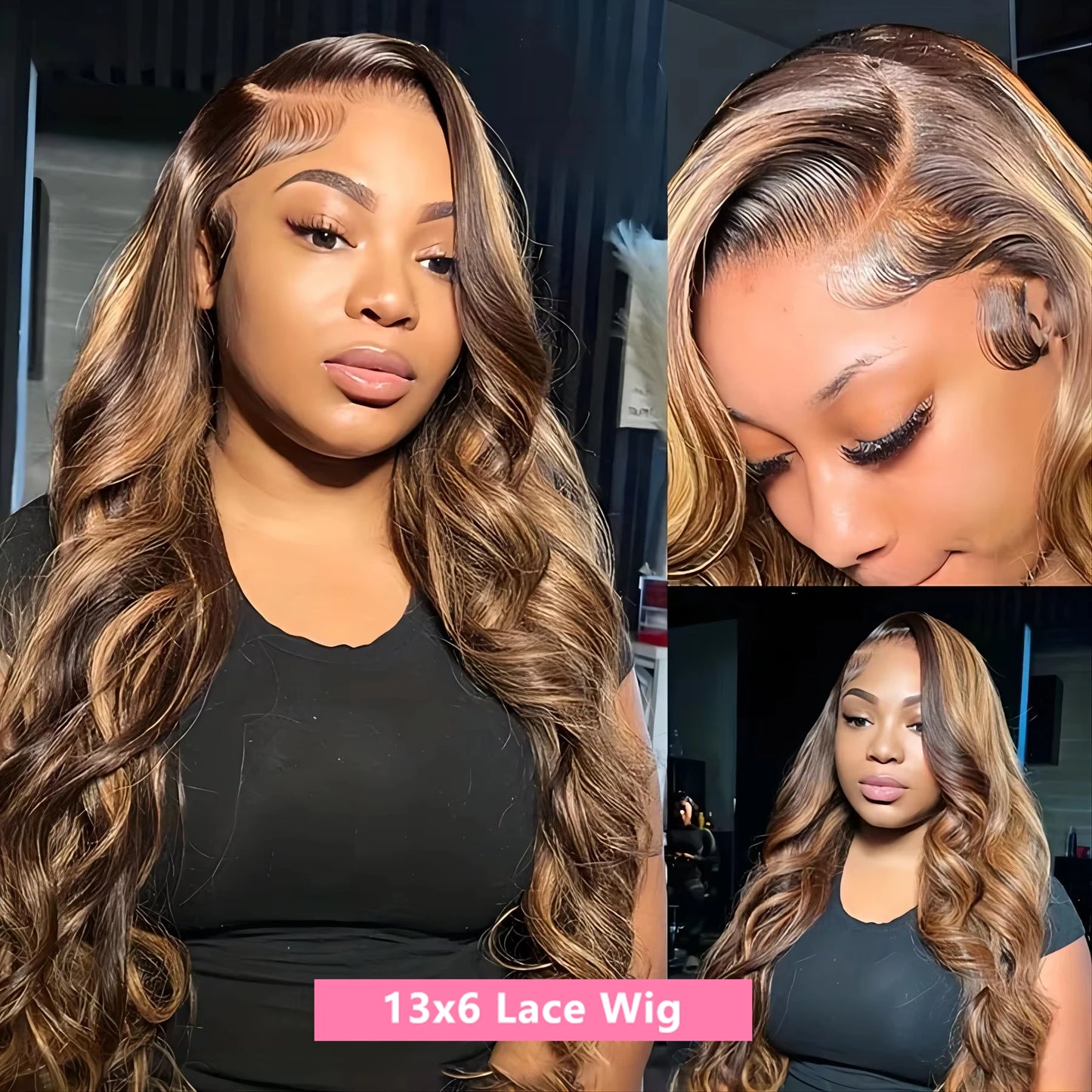 Perruque Lace Frontal Wig naturelle Body Wave à reflets, cheveux humains, 13x6 Hd