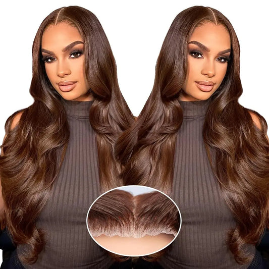 Perruques sans colle brun chocolat cheveux humains prêt à porter Transparent 13x4 HD