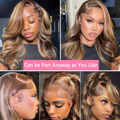 Perruque Lace Frontal Wig naturelle Body Wave à reflets, cheveux humains, 13x6 Hd