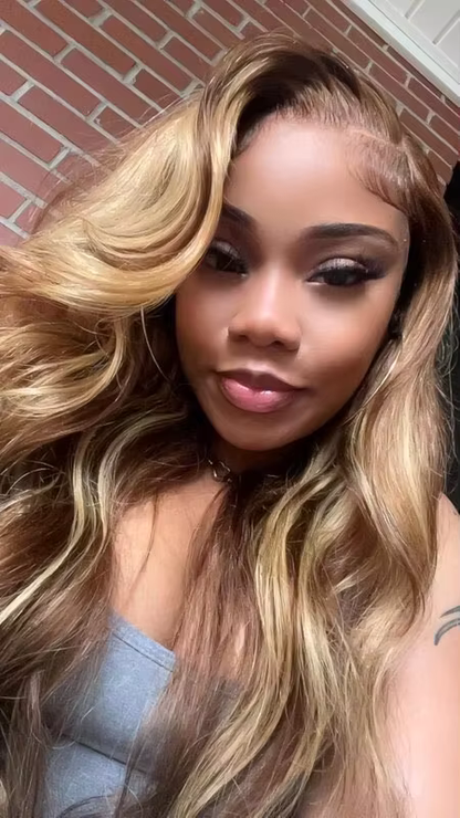 Perruque Lace Frontal Wig naturelle Body Wave à reflets, cheveux humains, 13x6 Hd