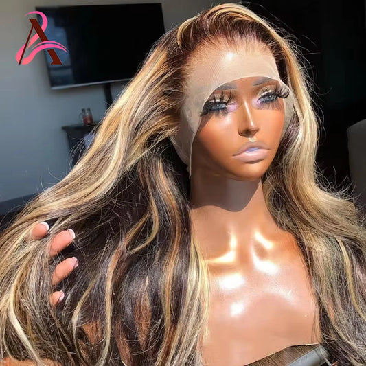 Perruque Lace Frontal Wig naturelle Body Wave à reflets, cheveux humains, 13x6 Hd